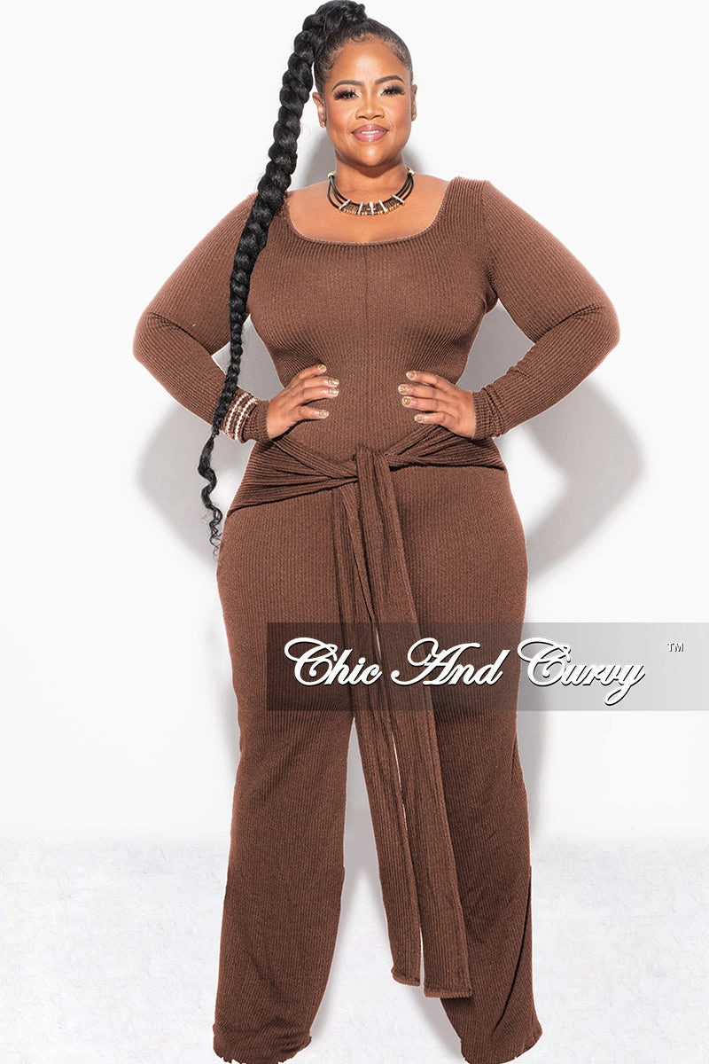 Final Sale Plus Size Ribbed Jumpsuit with Attached Tie in Brown Thermal regulation