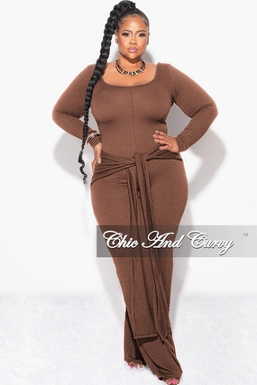 Easy Layer High Rise Design Final Sale Plus Size Ribbed Jumpsuit with Attached Tie in Brown