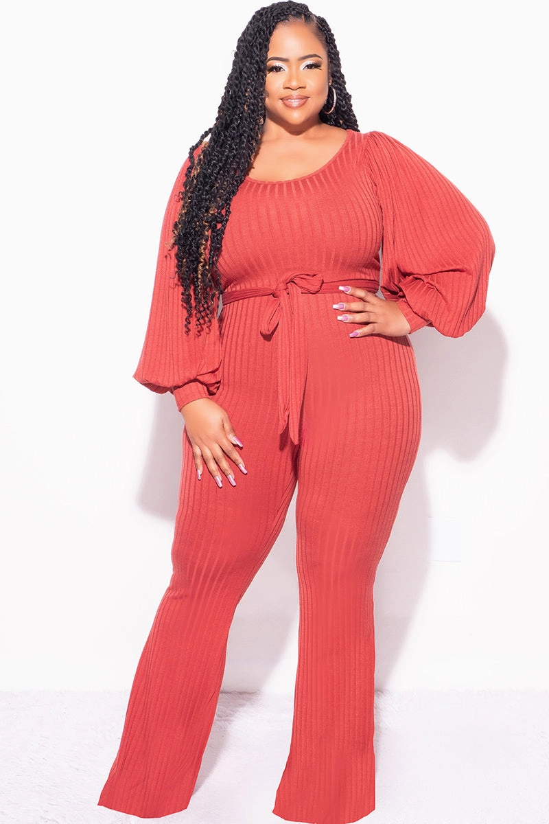 wrinkle free Final Sale Plus Size Ribbed Jumpsuit with Balloon Sleeves in Brick