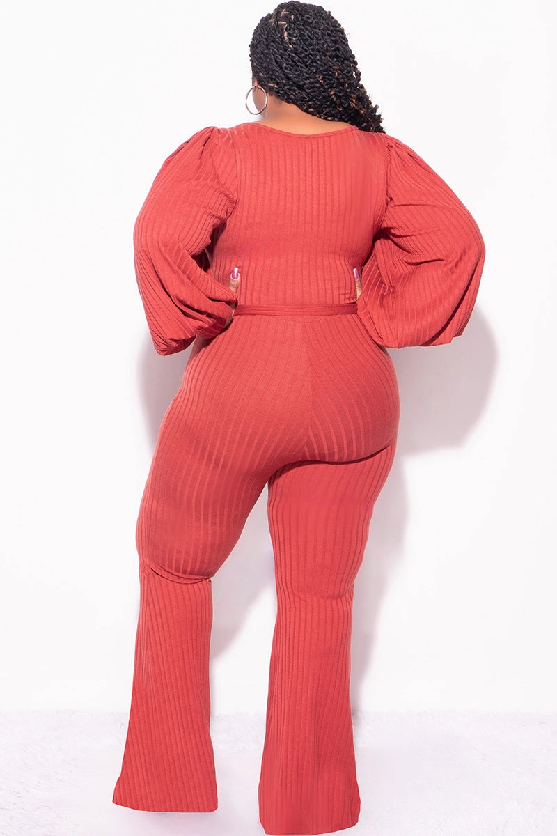 Fashionable Waist Comfortable Look Wear Final Sale Plus Size Ribbed Jumpsuit with Balloon Sleeves in Brick