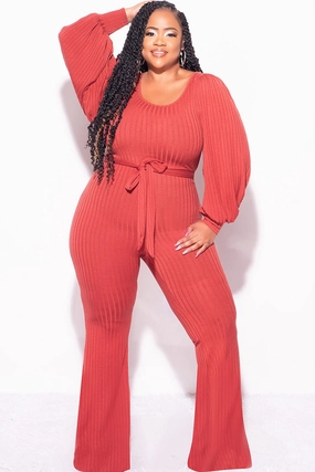 Final Sale Plus Size Ribbed Jumpsuit with Balloon Sleeves in Brick Tailored Wear Breathable Wearable