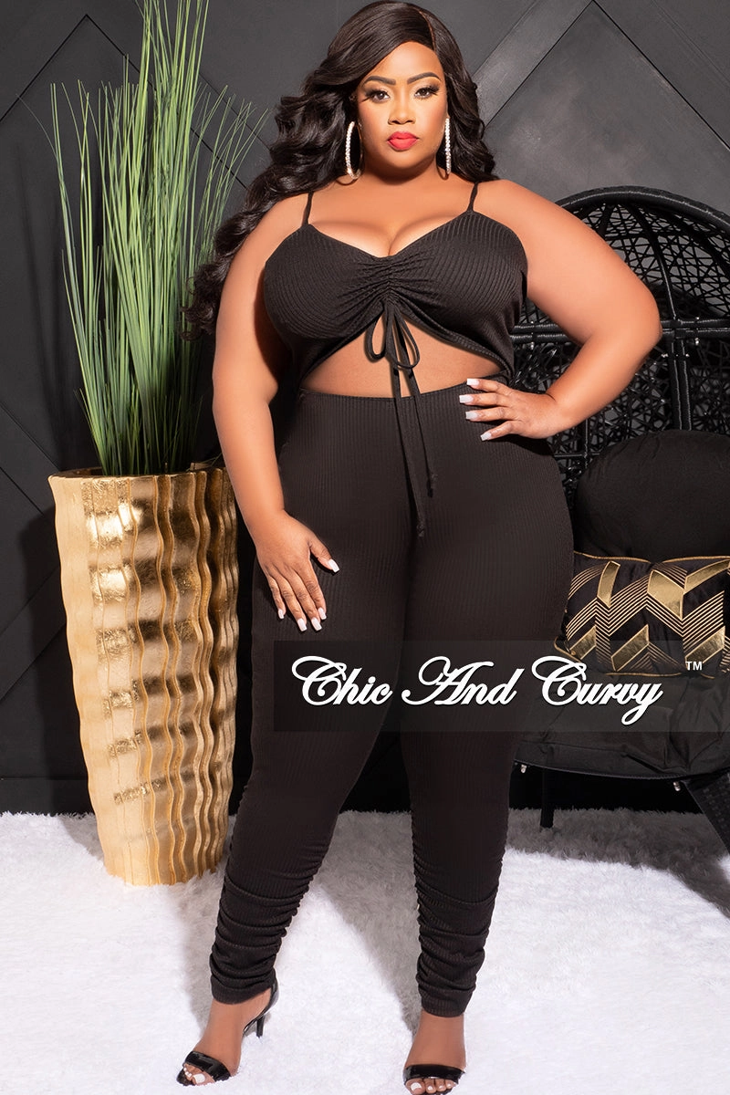 Everyday Must-have elastic waistband Final Sale Plus Size Ribbed Jumpsuit with Tummy Cutout in Black