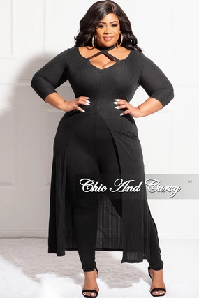 Final Sale Plus Size Ribbed Long Tunic Top in Black AdjustableWaistband Relaxed Design Wear