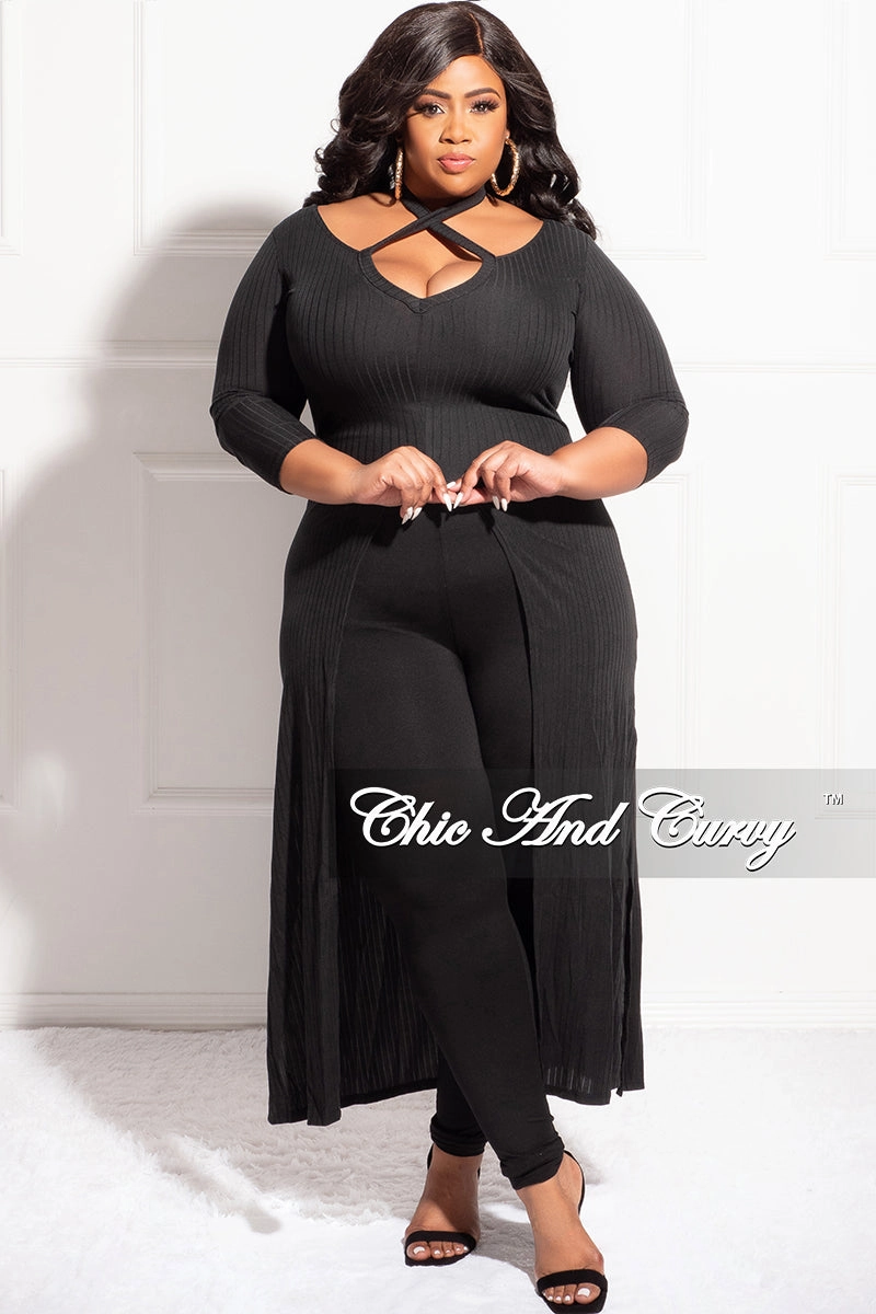 Final Sale Plus Size Ribbed Long Tunic Top in Black tech fabric Anti Pilling