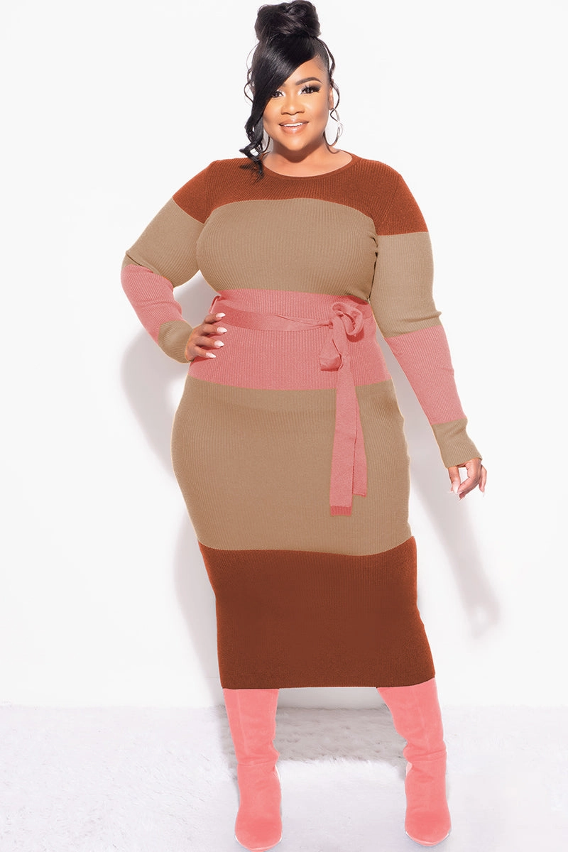 Indoor Comfort Daily Comfort Fit Final Sale Plus Size Ribbed Midi Sweater Dress in Brown, Tan & Mauve