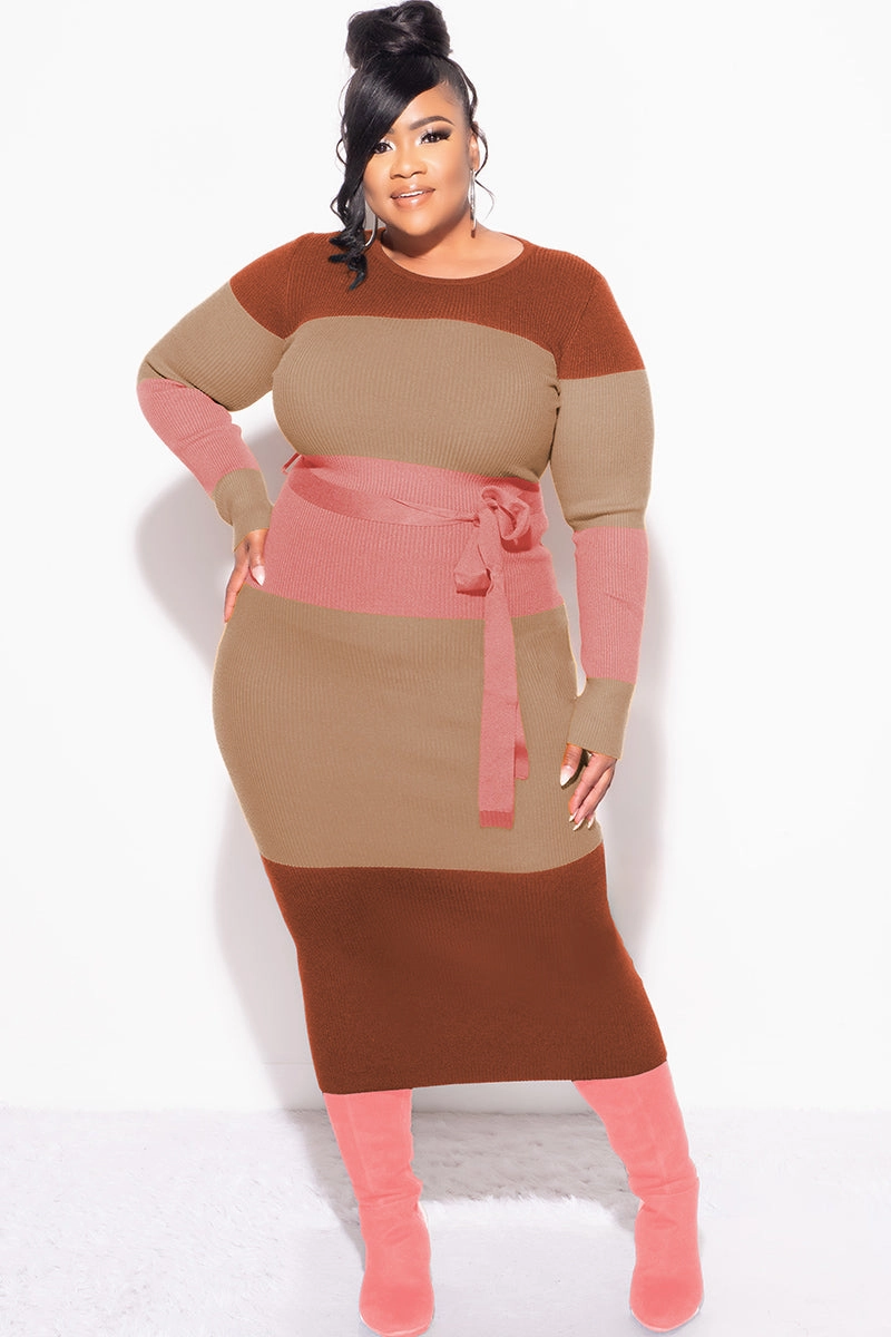 Final Sale Plus Size Ribbed Midi Sweater Dress in Brown, Tan & Mauve Fashionable Waist Weather Flex