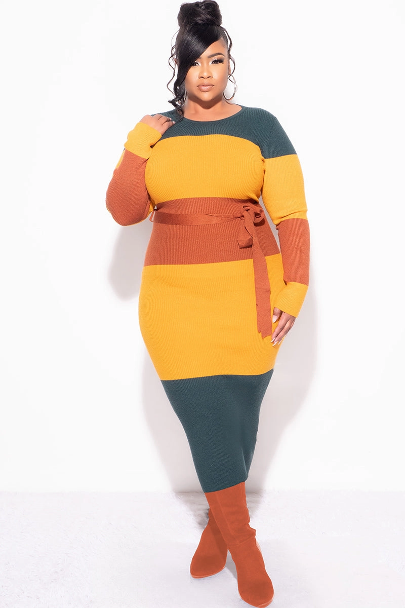 Final Sale Plus Size Ribbed Midi Sweater Dress in Mustard, Green & Rust Relaxed Look Soft Interior