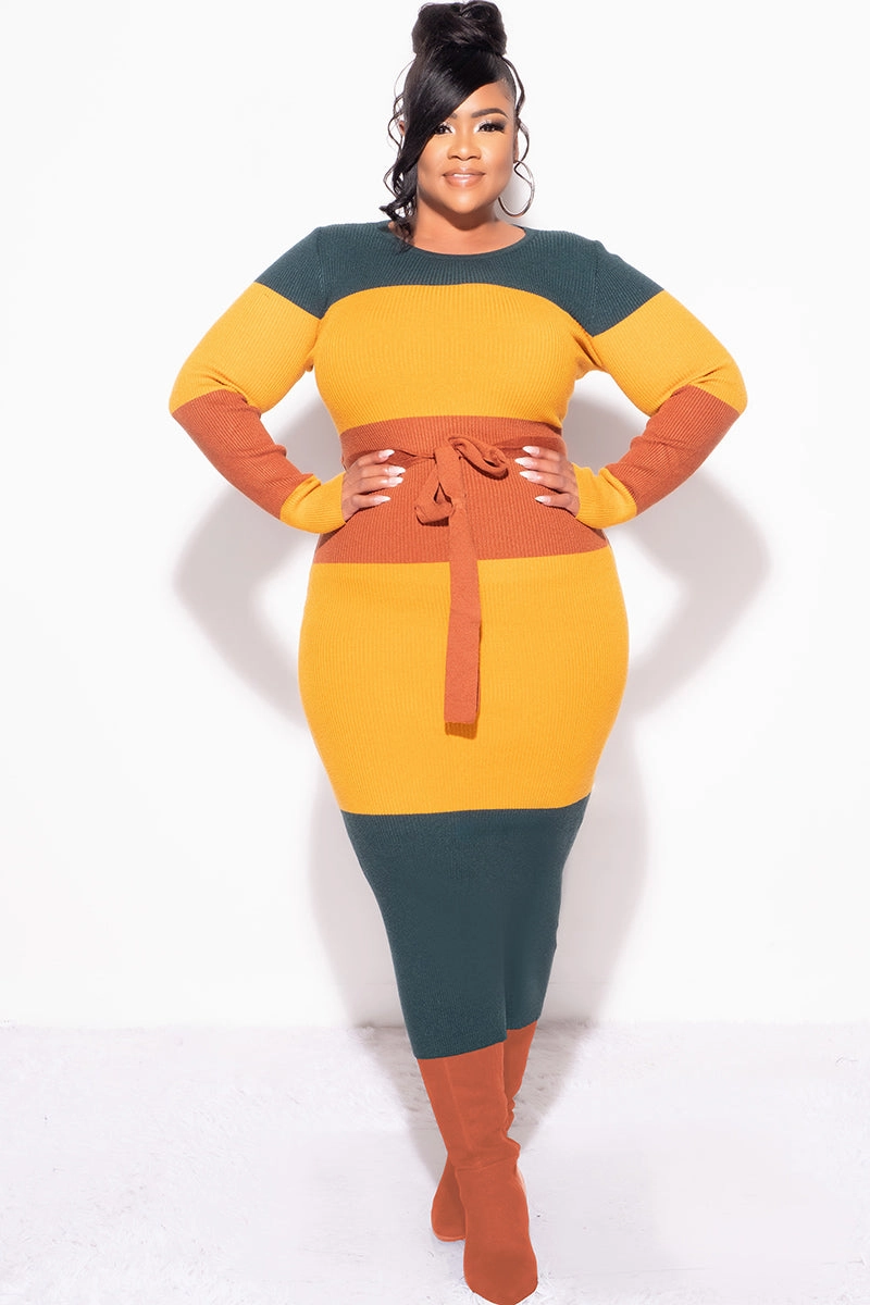 Soft Structure Cozy Wear Final Sale Plus Size Ribbed Midi Sweater Dress in Mustard, Green & Rust