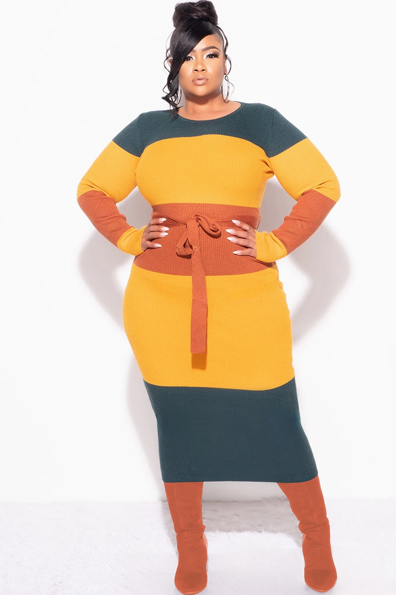 Breathable Style Final Sale Plus Size Ribbed Midi Sweater Dress in Mustard, Green & Rust