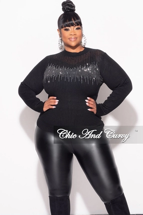 QuickDryTech Cool Weather Final Sale Plus Size Ribbed Rhinestone Sweater Top in Black