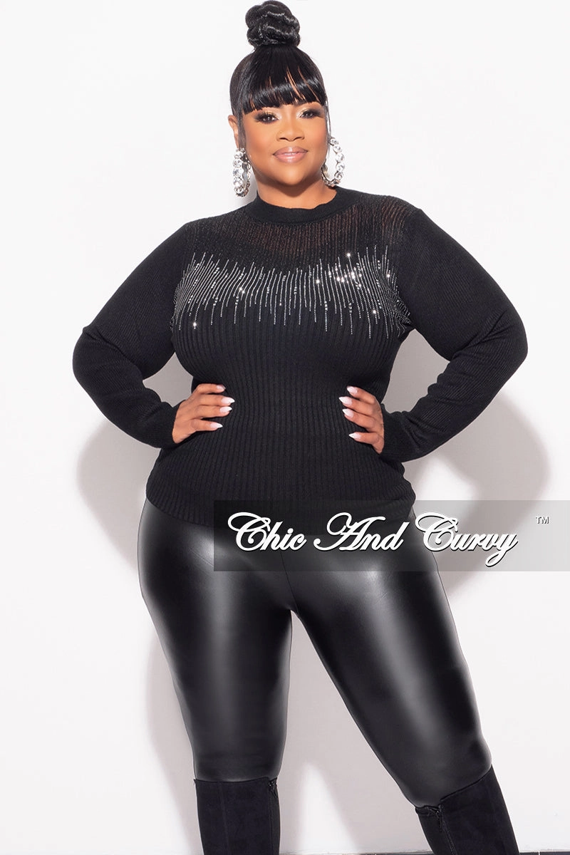 QuickDryTech Cool Weather Final Sale Plus Size Ribbed Rhinestone Sweater Top in Black
