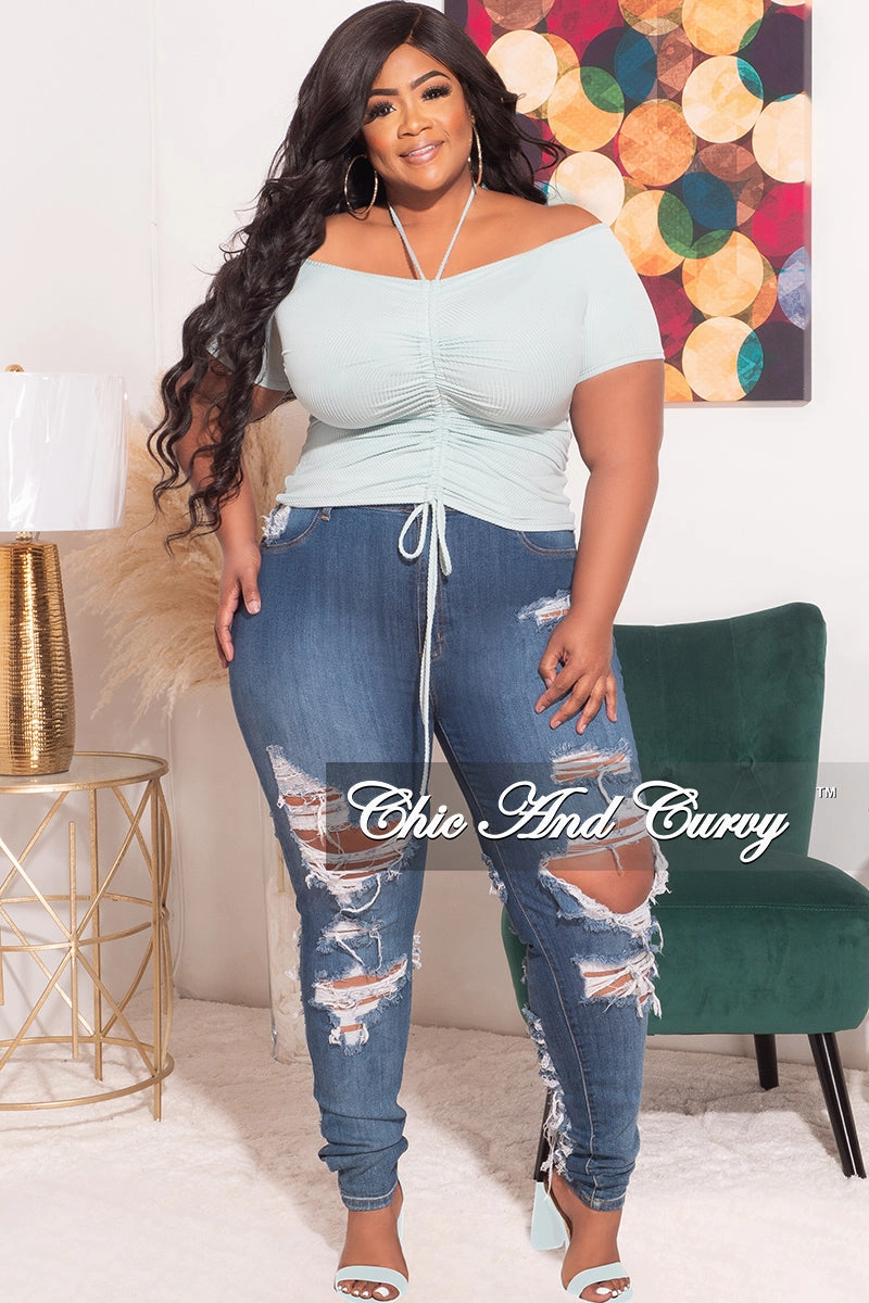 Final Sale Plus Size Ribbed Ruched Drawstring Crop Top in Seafoam Green Travel Friendly