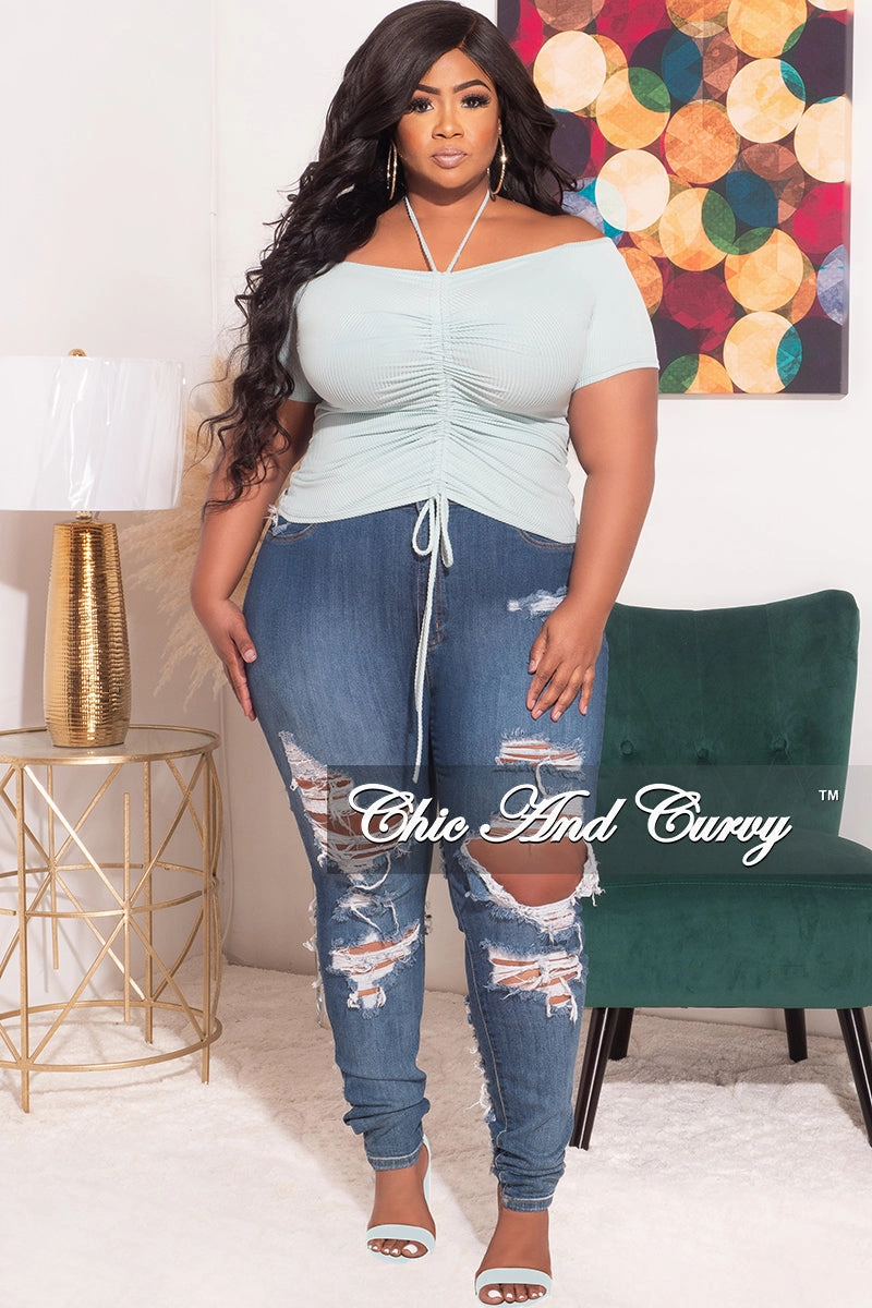 Final Sale Plus Size Ribbed Ruched Drawstring Crop Top in Seafoam Green Lightweight Feel Effortless Comfort