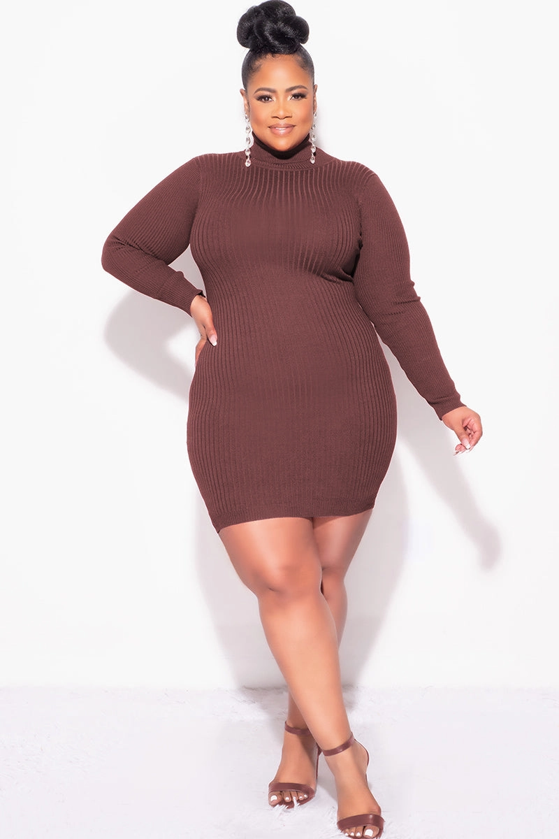 Tall Length Active Wear Final Sale Plus Size Ribbed Turtle Neck Dress in Brown