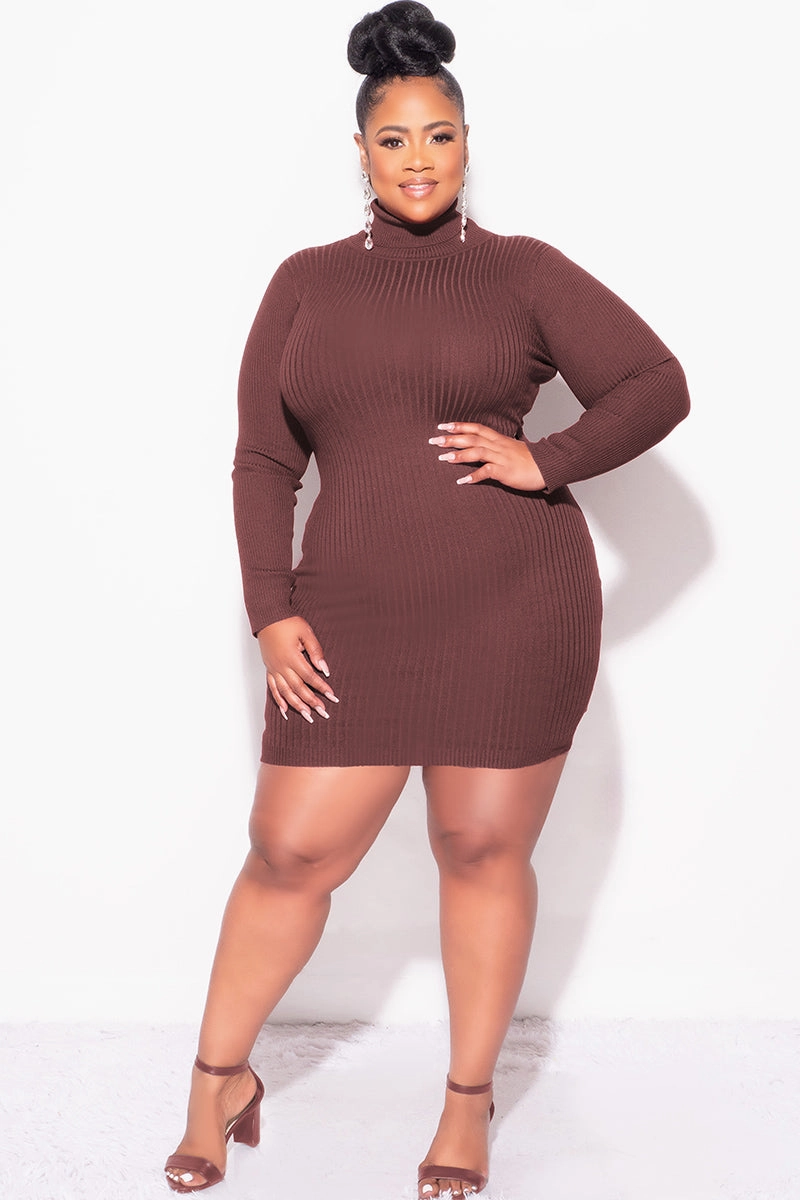Water Repellent Trendy Look Final Sale Plus Size Ribbed Turtle Neck Dress in Brown