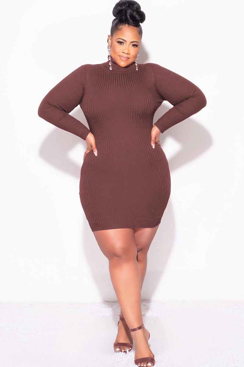 Smart Design Lightweight Wear Final Sale Plus Size Ribbed Turtle Neck Dress in Brown