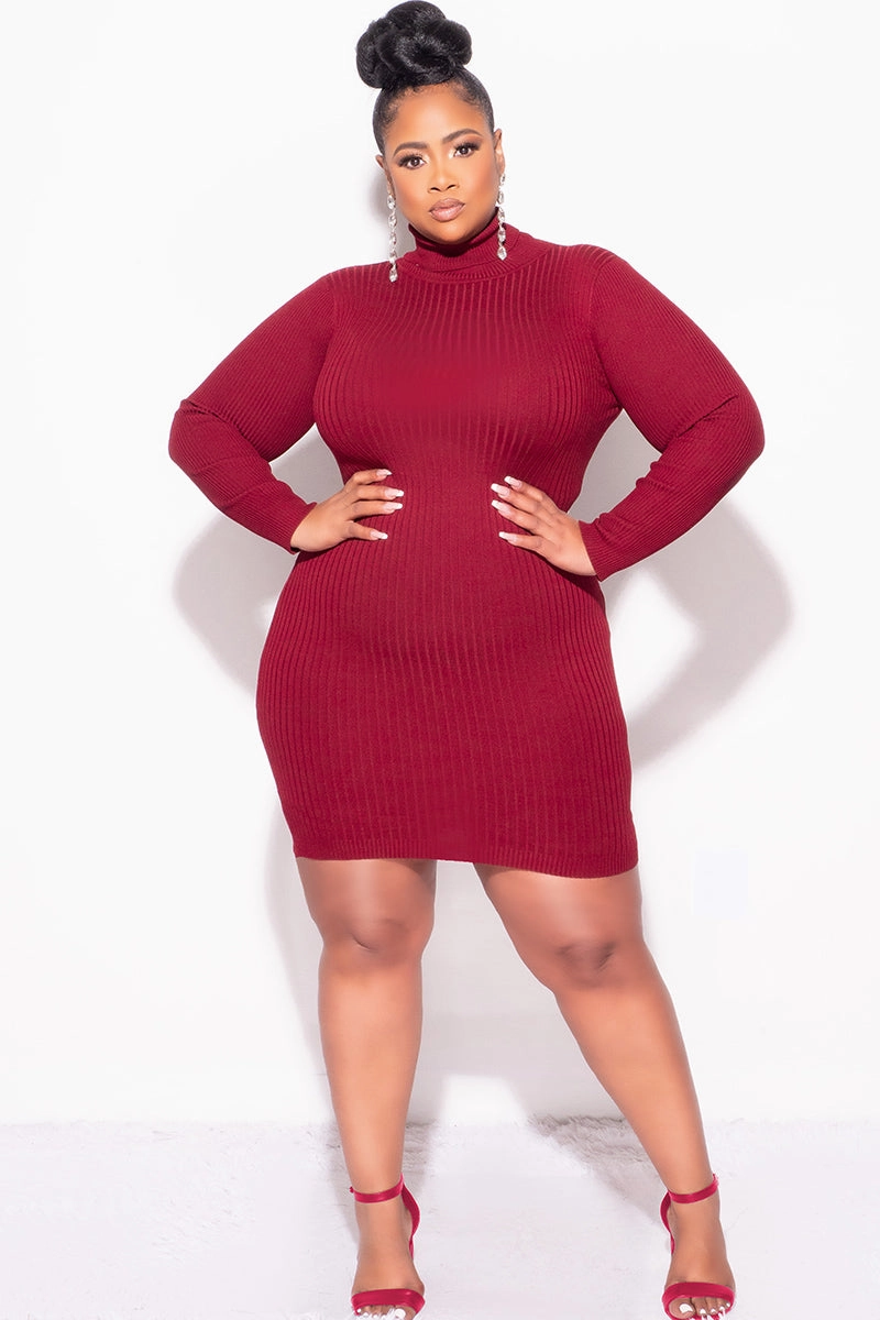 Final Sale Plus Size Ribbed Turtle Neck Dress in Burgundy Slim Comfort