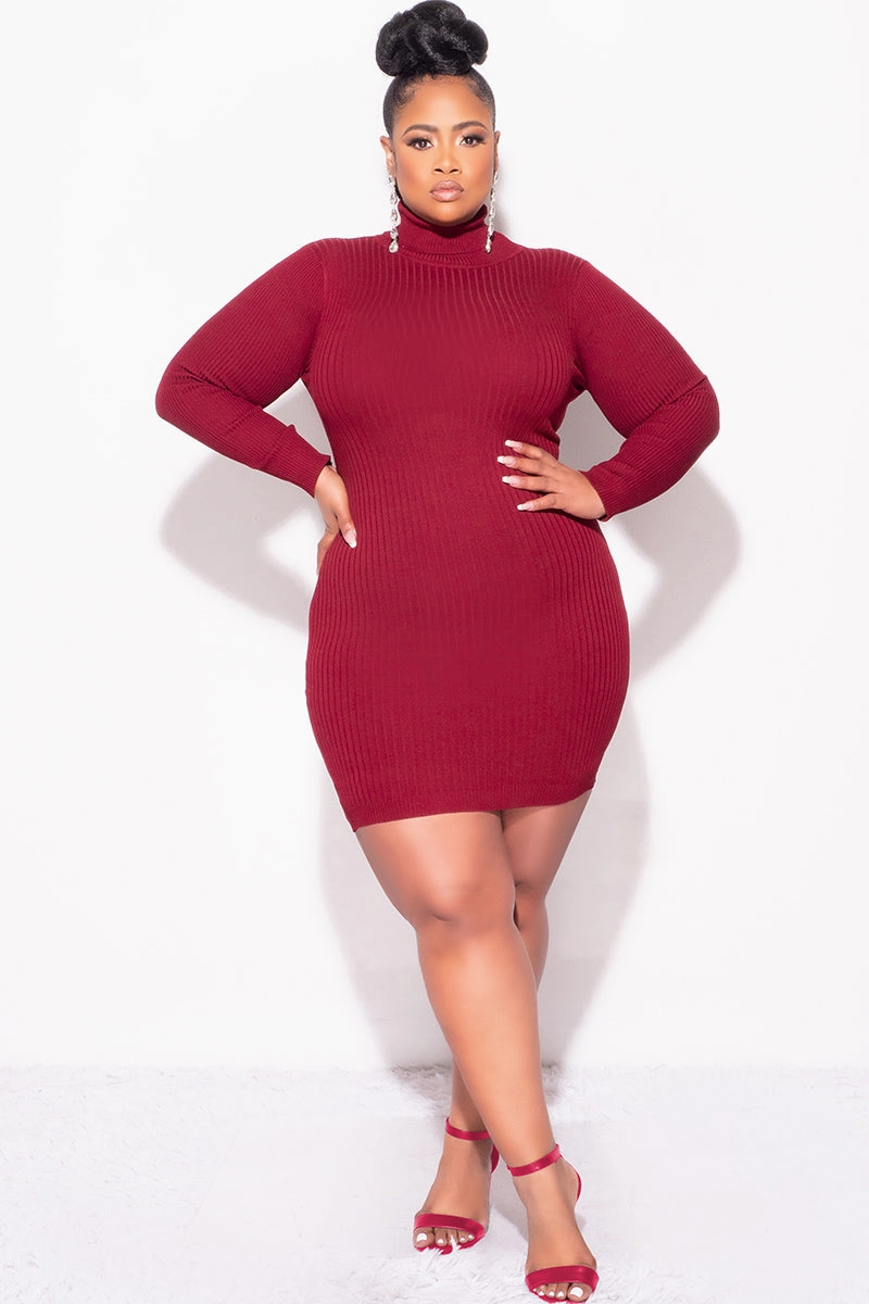 Versatile Wear Final Sale Plus Size Ribbed Turtle Neck Dress in Burgundy