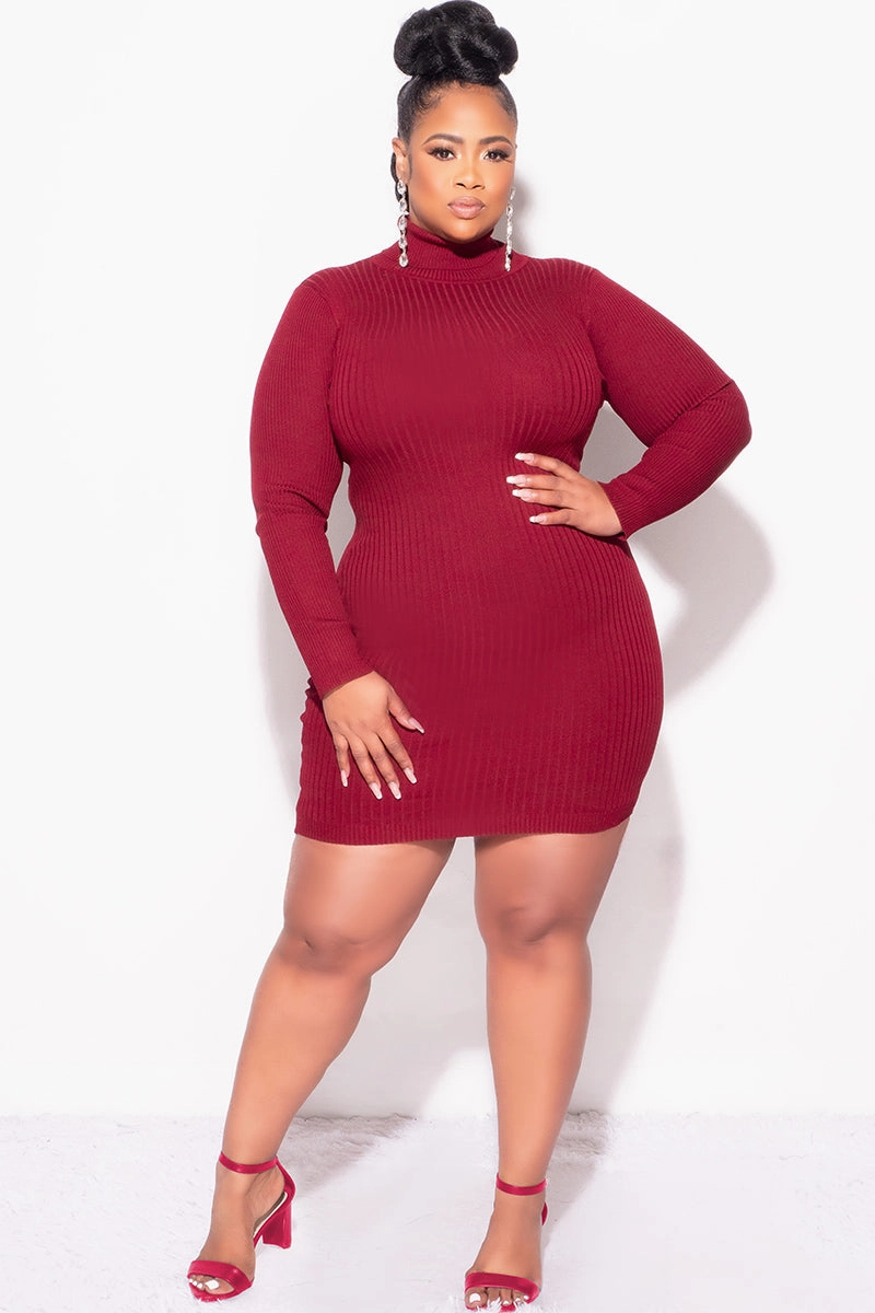 EcoFriendlyBlend UltraSoftLining Final Sale Plus Size Ribbed Turtle Neck Dress in Burgundy