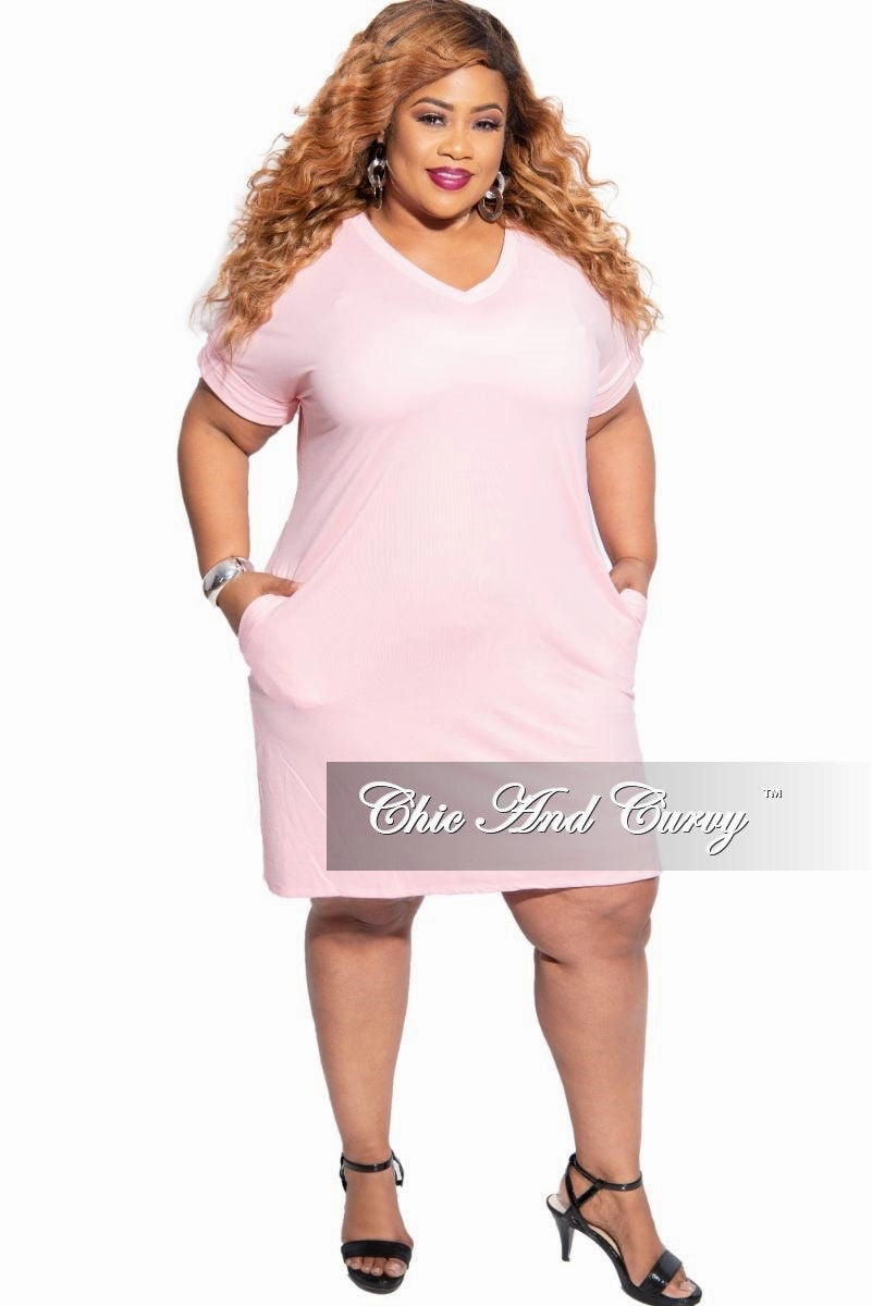 Final Sale Plus Size Rolled Sleeve V-Neck Dress in Dusty Pink SecureZipperClosures
