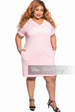 Final Sale Plus Size Rolled Sleeve V-Neck Dress in Dusty Pink SecureZipperClosures