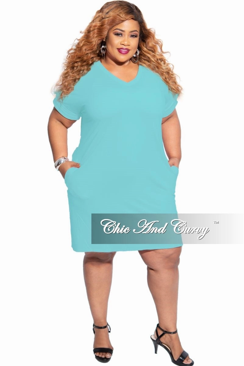Final Sale Plus Size Rolled Sleeve V-Neck Dress in Mint Relaxed Design Blackout fabric