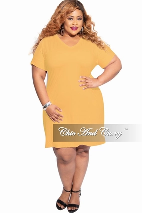 Adjustable drawstring Tailored Fit Final Sale Plus Size Rolled Sleeve V-Neck Dress in Mustard