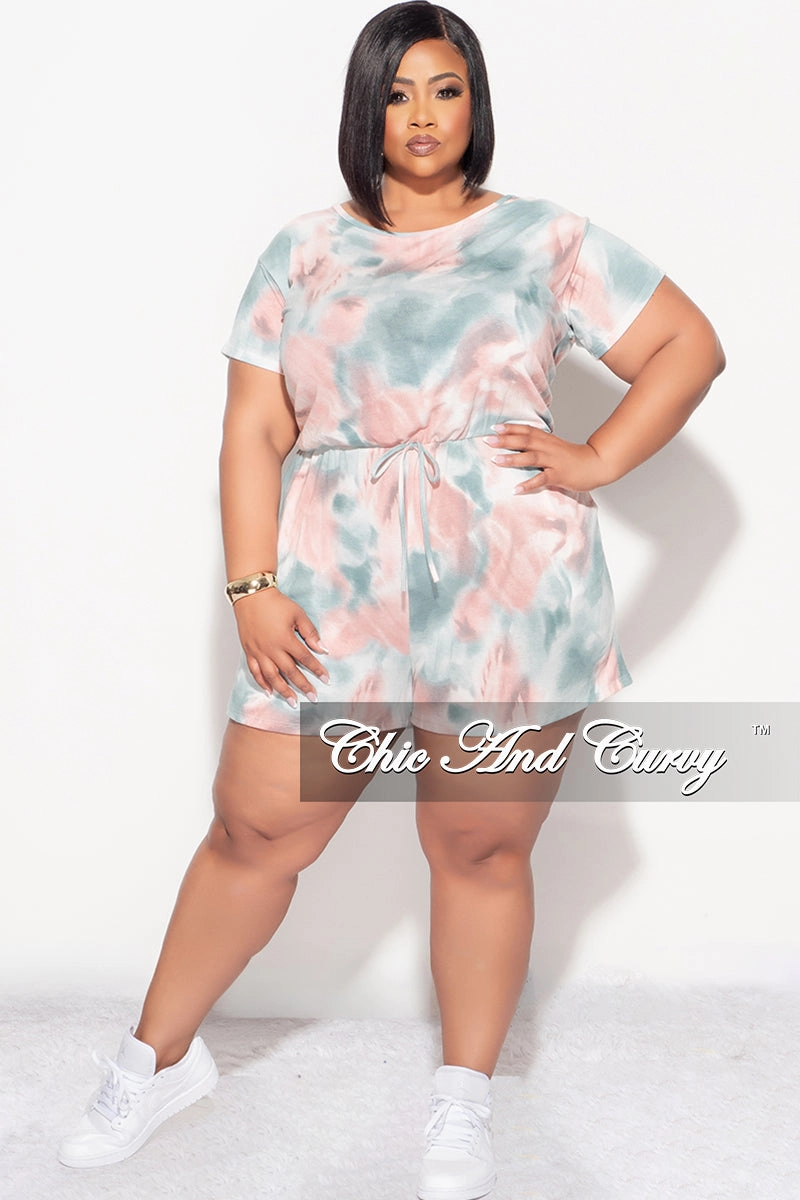Eco Friendly Material Final Sale Plus Size Romper with Drawstring in Pink and Teal Tie Dye