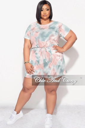 Eco Friendly Material Final Sale Plus Size Romper with Drawstring in Pink and Teal Tie Dye