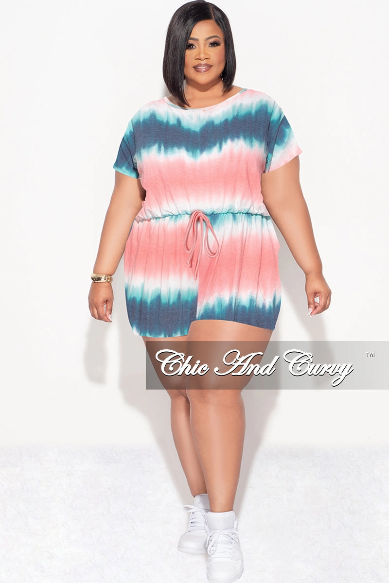 Final Sale Plus Size Romper with Drawstring in Pink Blue and Teal Reinforced Pockets