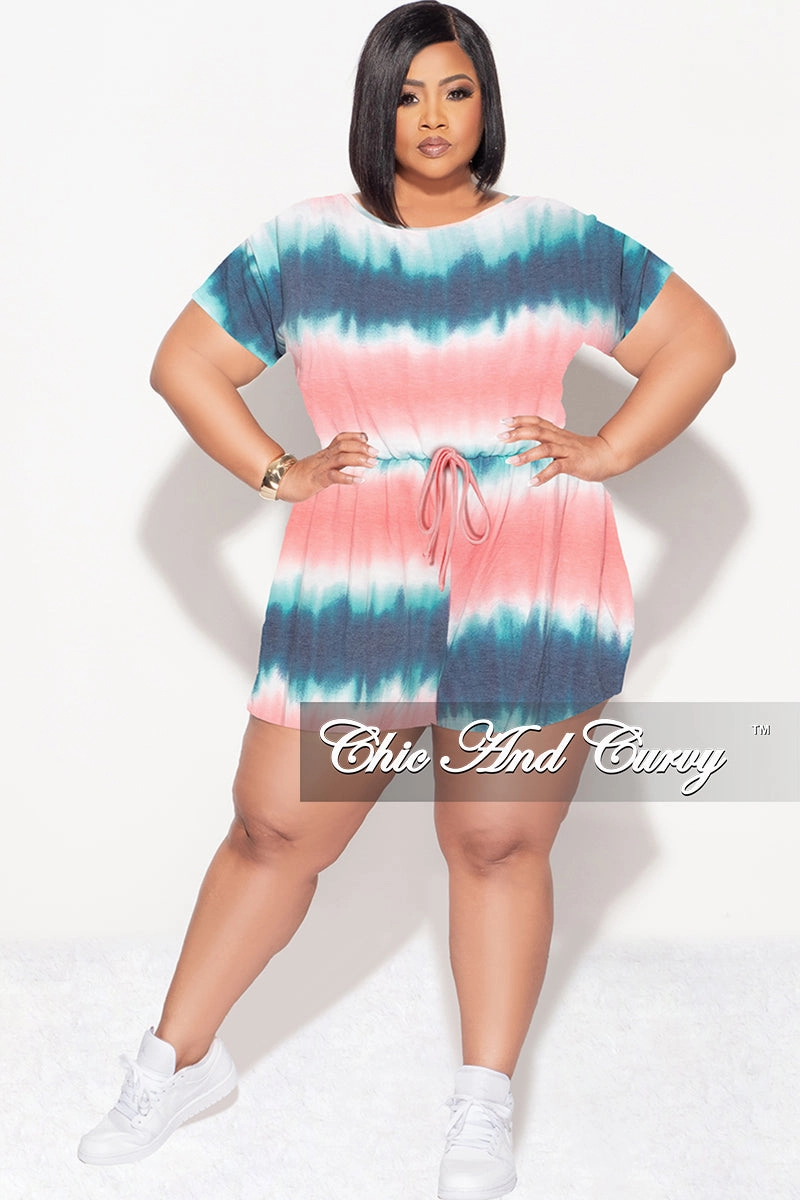 Final Sale Plus Size Romper with Drawstring in Pink Blue and Teal Lightweight Layer