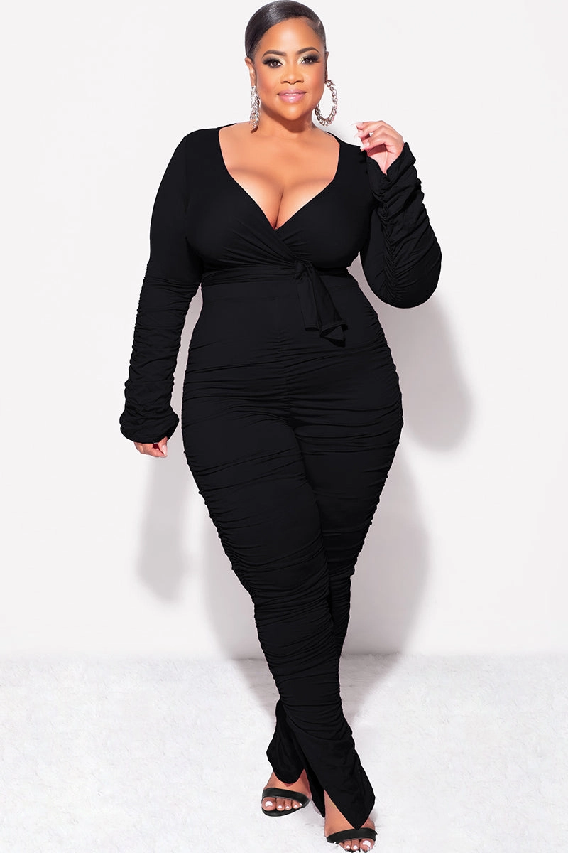 Weekend Comfort Final Sale Plus Size Ruched 2pc Faux Wrap Tie Top and Pants in Black