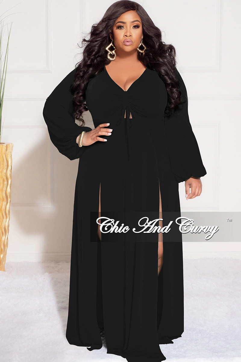 Final Sale Plus Size Ruched Maxi Dress with Double Slits in Black Pocket Reinforcement