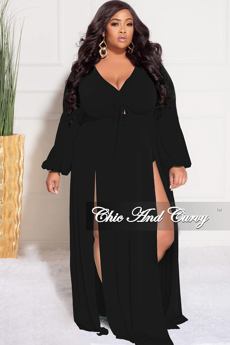 Final Sale Plus Size Ruched Maxi Dress with Double Slits in Black Active Lifestyle Natural Movement