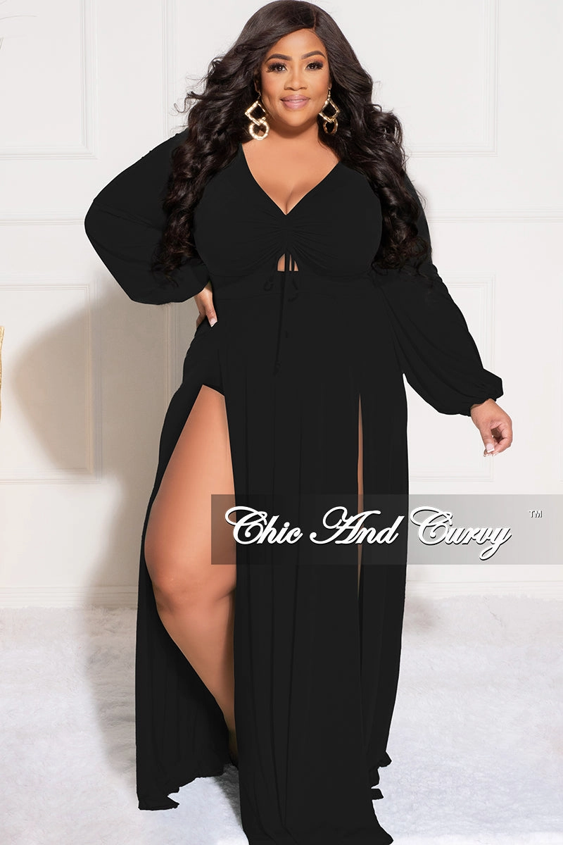 Chic Design Wear Smart Comfort Final Sale Plus Size Ruched Maxi Dress with Double Slits in Black