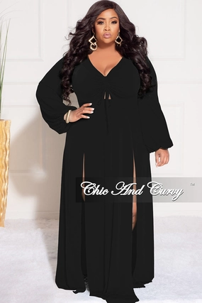 Final Sale Plus Size Ruched Maxi Dress with Double Slits in Black Pocket Reinforcement
