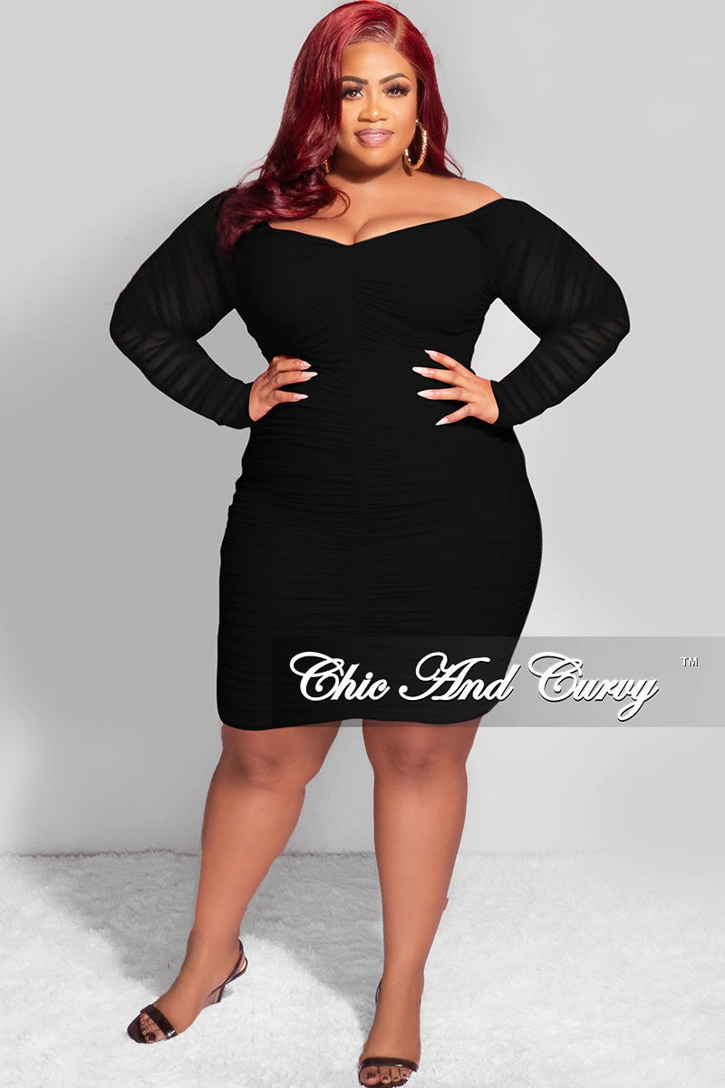 Sport Fit Final Sale Plus Size Ruched Off The Shoulder Mini Dress in Black Mesh