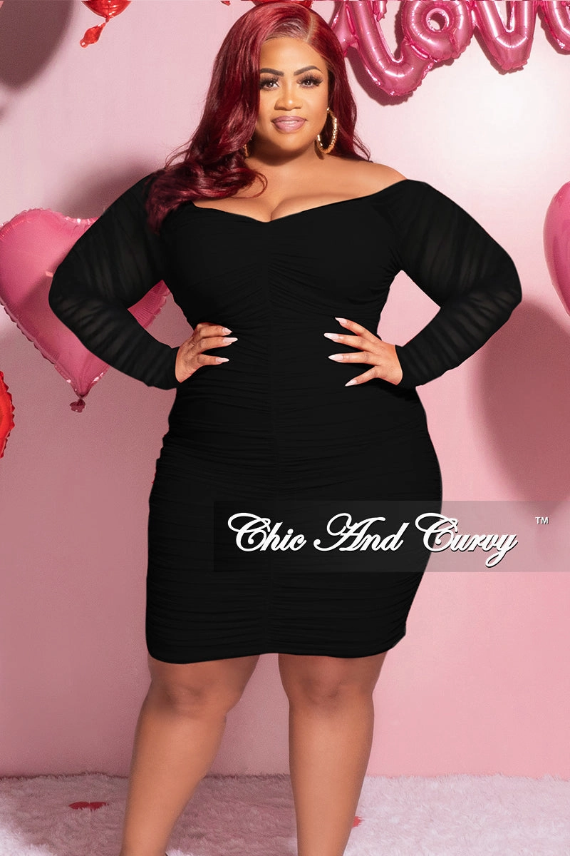 Formal Look Final Sale Plus Size Ruched Off The Shoulder Mini Dress in Black Mesh