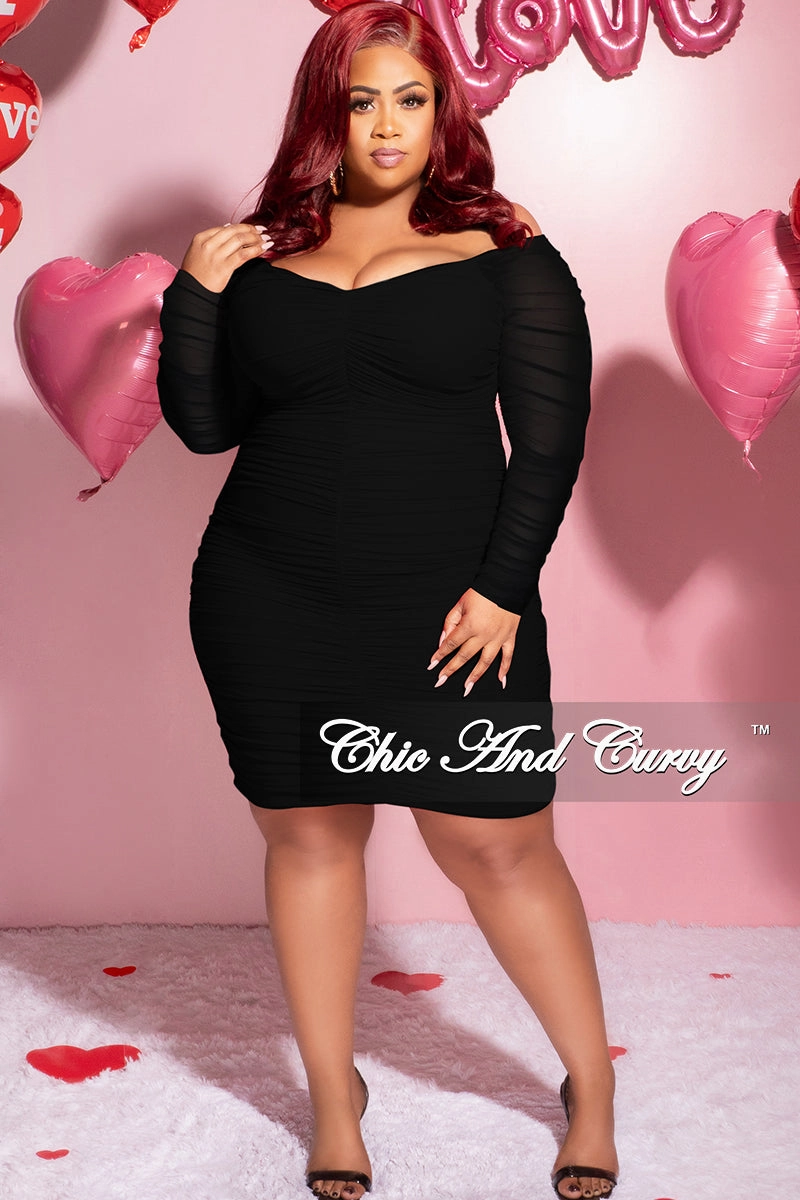 Final Sale Plus Size Ruched Off The Shoulder Mini Dress in Black Mesh Anti Cling Finish