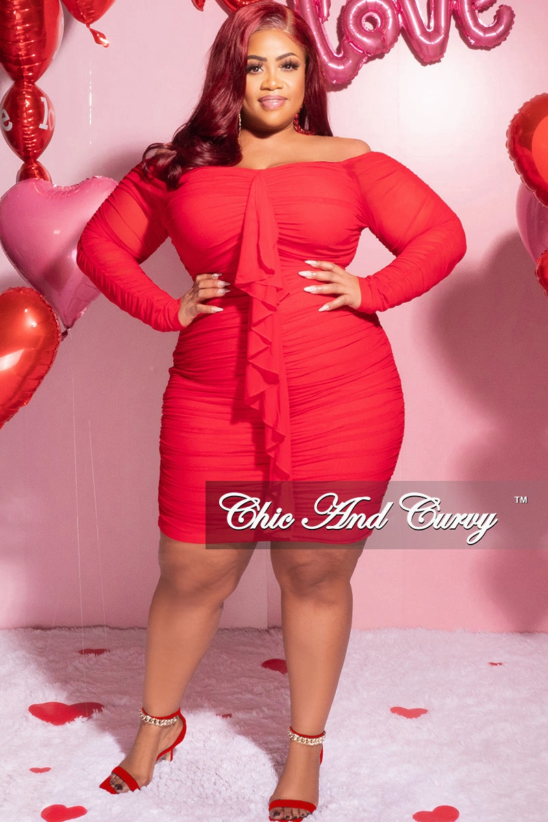 AntiPilling Final Sale Plus Size Ruched Off The Shoulder Mini Dress with Center Sash in Red Mesh