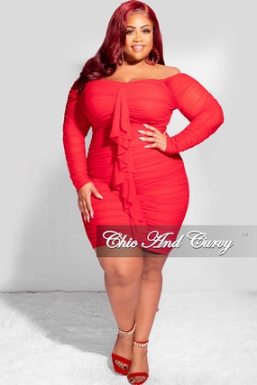 Final Sale Plus Size Ruched Off The Shoulder Mini Dress with Center Sash in Red Mesh All Use Functional Comfort Wear