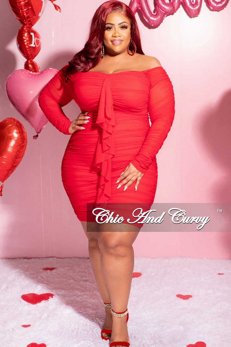 Final Sale Plus Size Ruched Off The Shoulder Mini Dress with Center Sash in Red Mesh Core Utility Outdoor Essentials