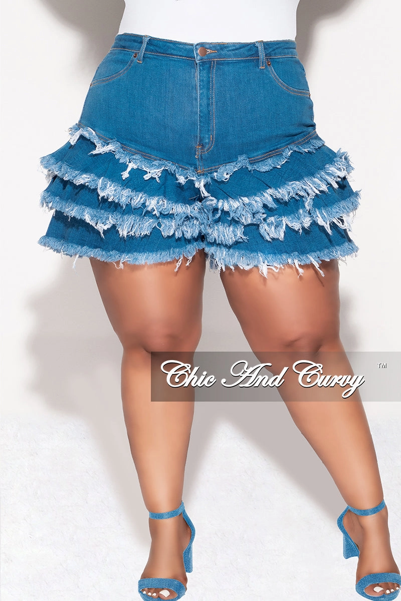 Final Sale Plus Size Ruffle Layered Frayed Shorts in Med Dark Denim Active Performance