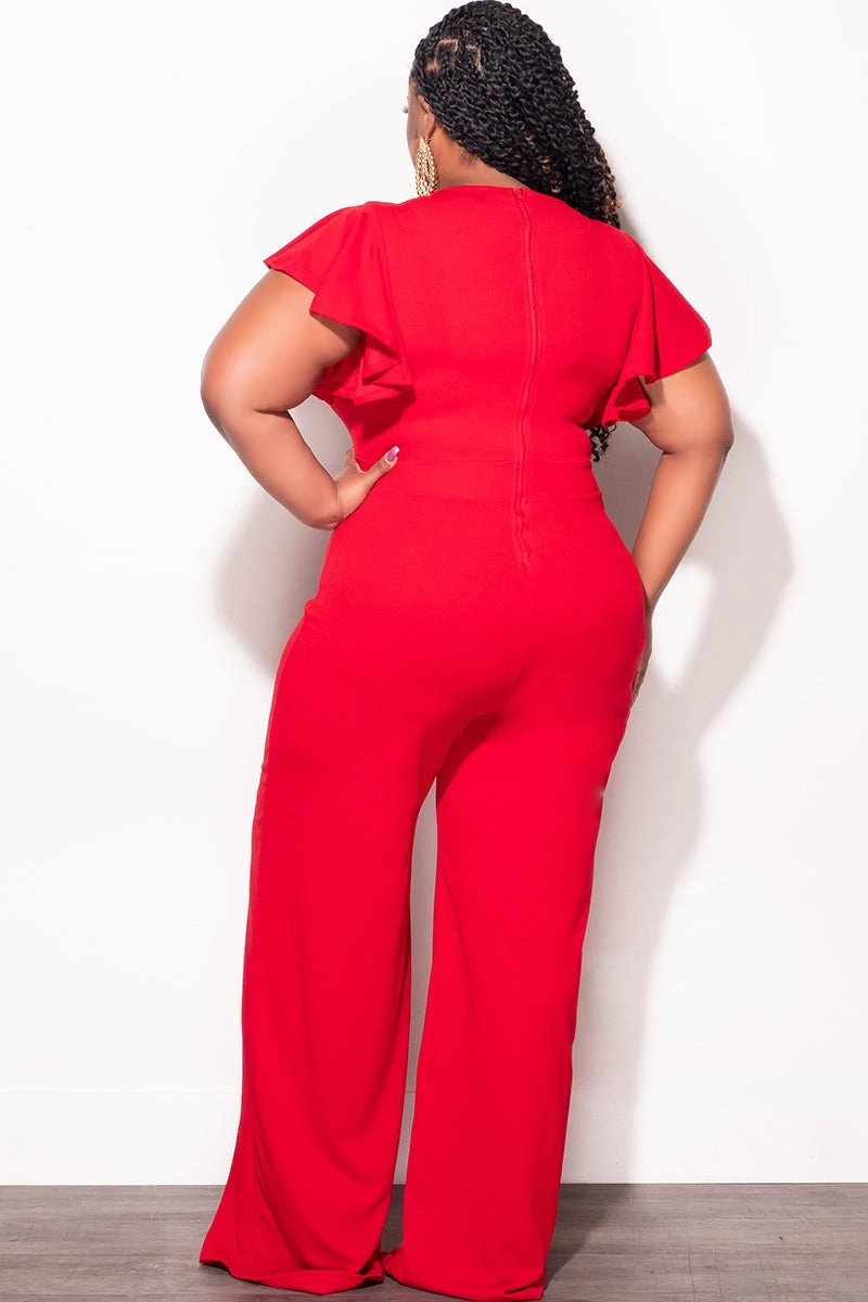 Comfort Wear Final Sale Plus Size Ruffle Sleeve Jumpsuit in Red