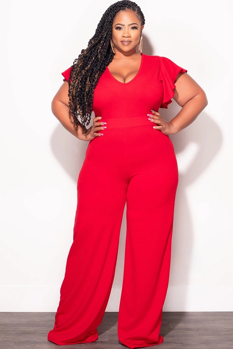 Lightweight Flex Final Sale Plus Size Ruffle Sleeve Jumpsuit in Red