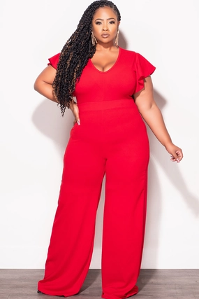 Final Sale Plus Size Ruffle Sleeve Jumpsuit in Red Comfortable Layering