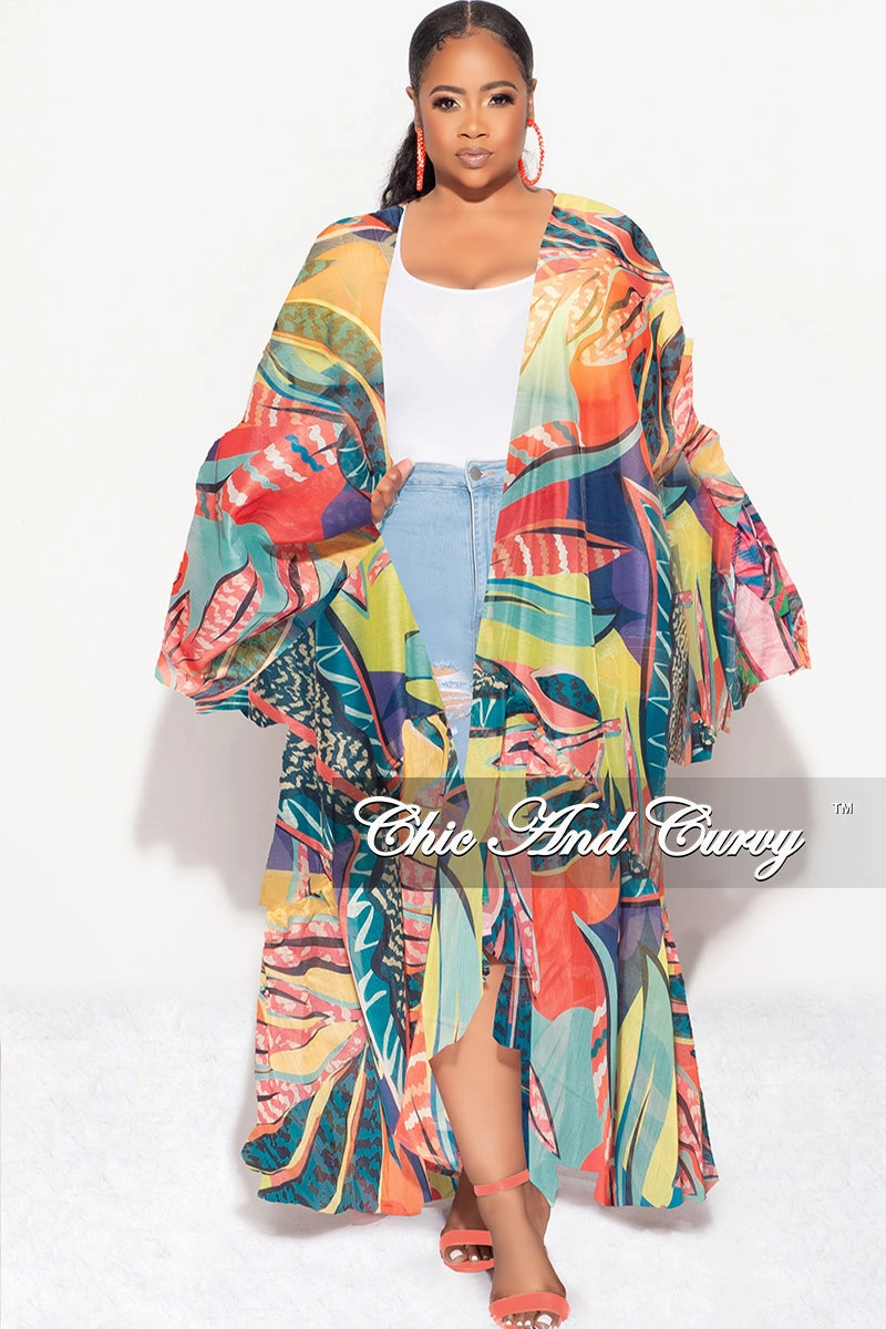 Cozy Design Final Sale Plus Size Ruffle Sleeve Kimono Duster in Multi Color Tropical Print