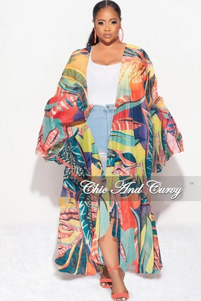 Cozy Design Final Sale Plus Size Ruffle Sleeve Kimono Duster in Multi Color Tropical Print