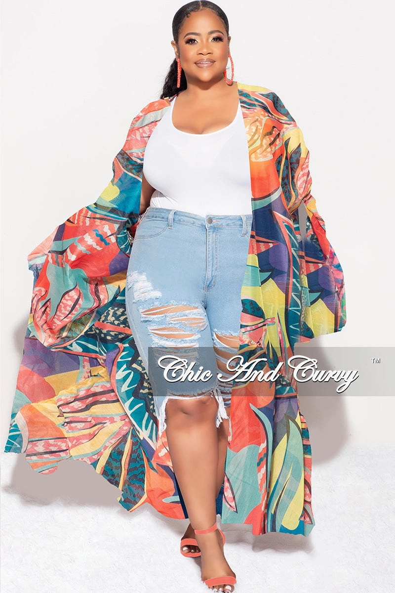 Final Sale Plus Size Ruffle Sleeve Kimono Duster in Multi Color Tropical Print Anti Pilling Textile