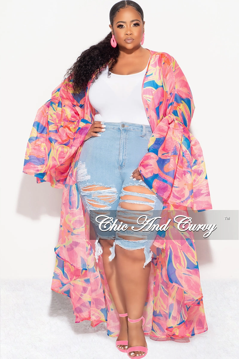 Outdoor Adventure Seamless Design Final Sale Plus Size Ruffle Sleeve Kimono Duster in Pink and Royal Blue
